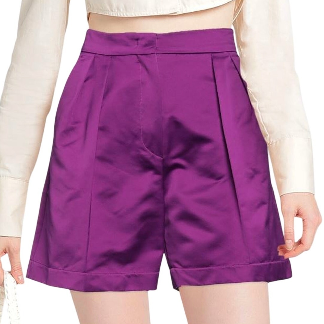 Max Mara Weekend Fuchsia Plum Purple Pleated Linen Blend Bermuda Shorts Size 8